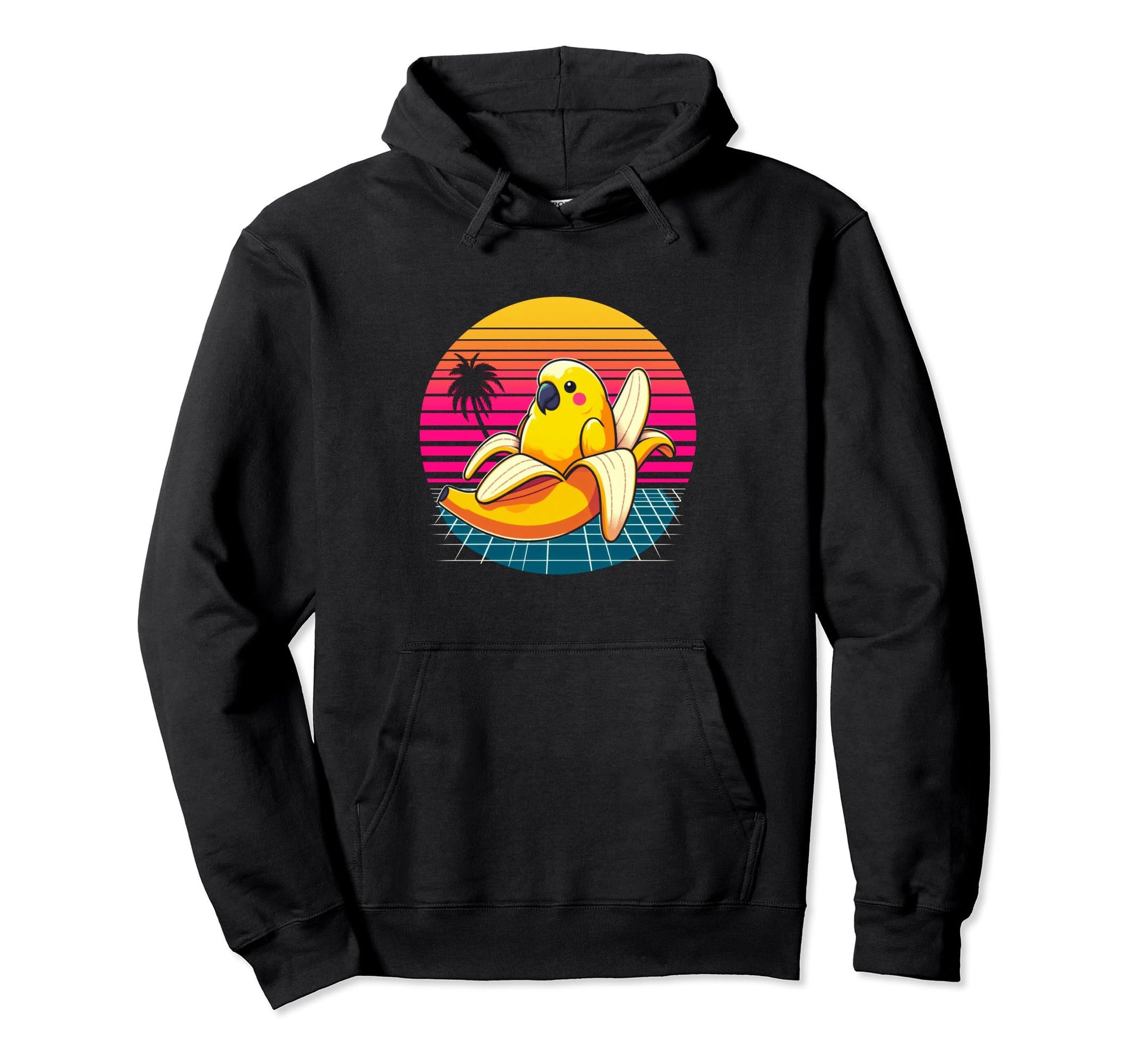 Banana Parrot Sunset Vaporwave Parakeet Hoodie - Custom Art Print Unisex - T-Shirt, Sweatshirt, Hoodie