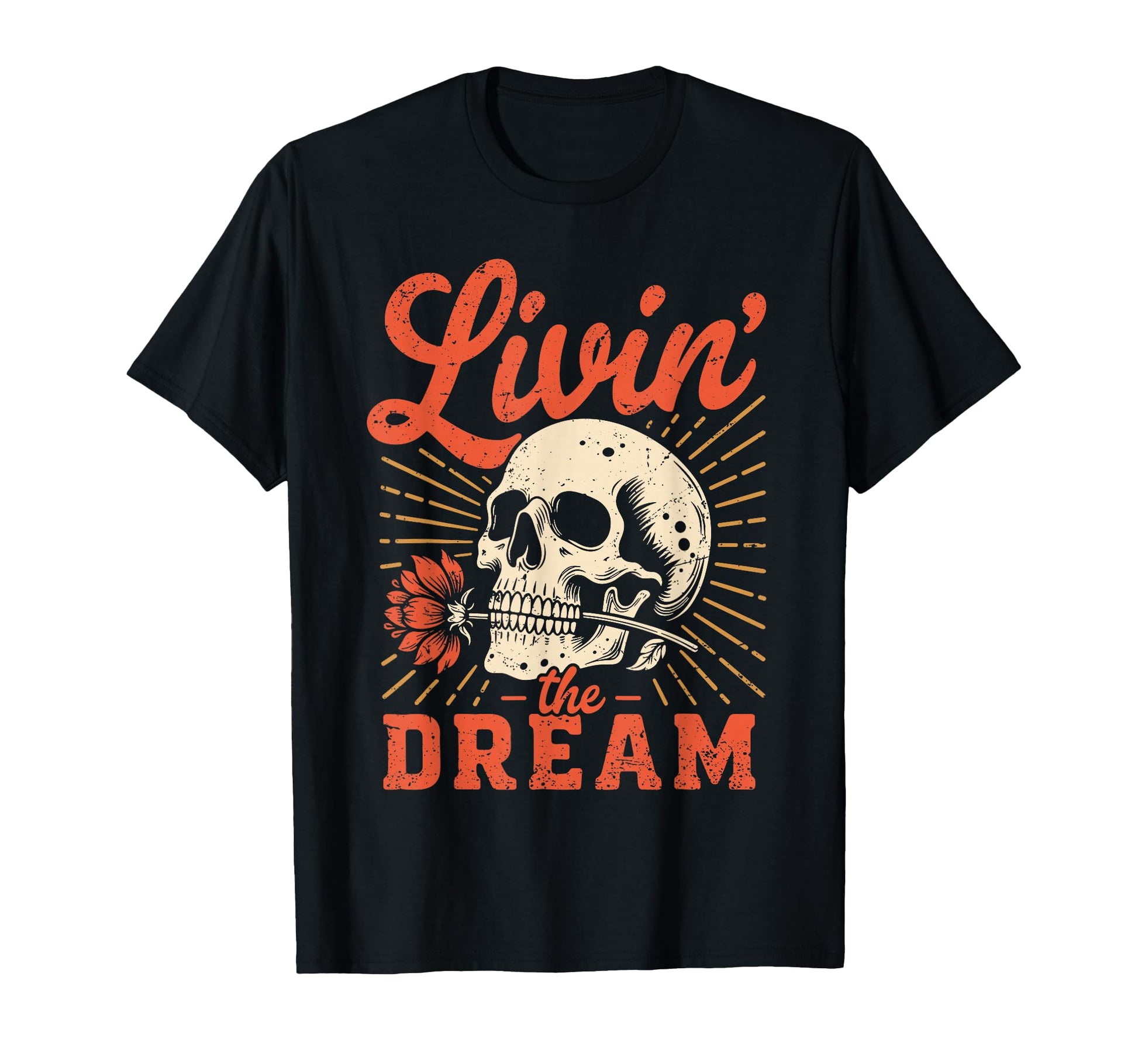 Livin Dream Distressed Skull Flower T-Shirt - Aesthetic Graphic for Adults - T-Shirt, Sweatshirt, Hoodie