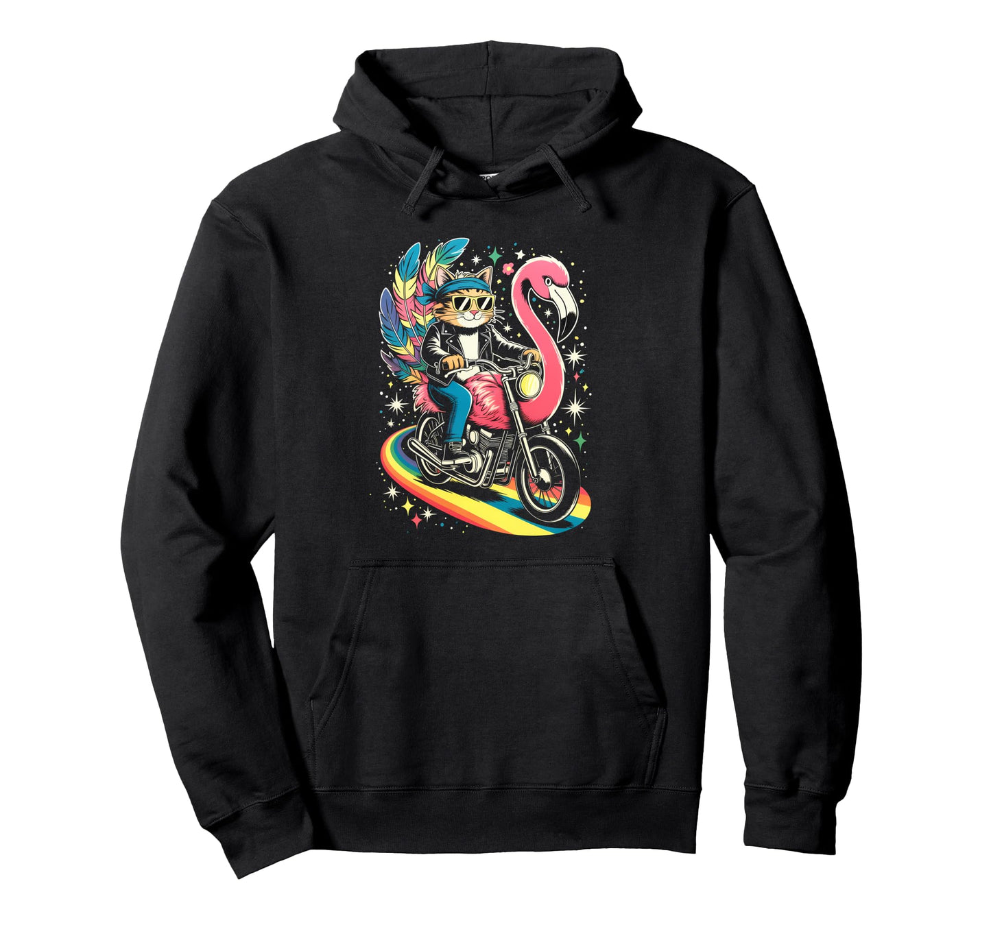 Biker Cat Flamingo Motorcycle Rainbow Hoodie - Custom Art Print Unisex - T-Shirt, Sweatshirt, Hoodie