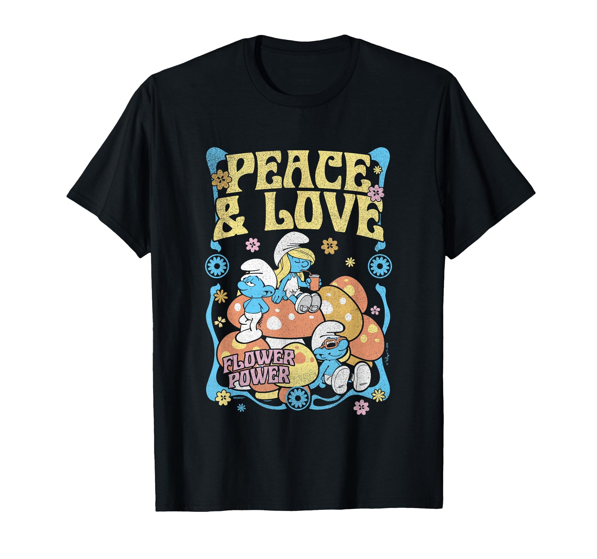 Smurfs Peace Love Flower Power T-Shirt - Novelty Apparel for Adults - T-Shirt, Sweatshirt, Hoodie