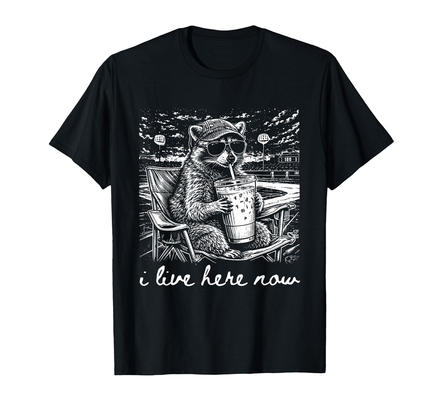I Live Here Now Baseball Raccoon T-Shirt - Casual Everyday Wear Men Women - T-Shirt, Sweatshirt, Hoodie