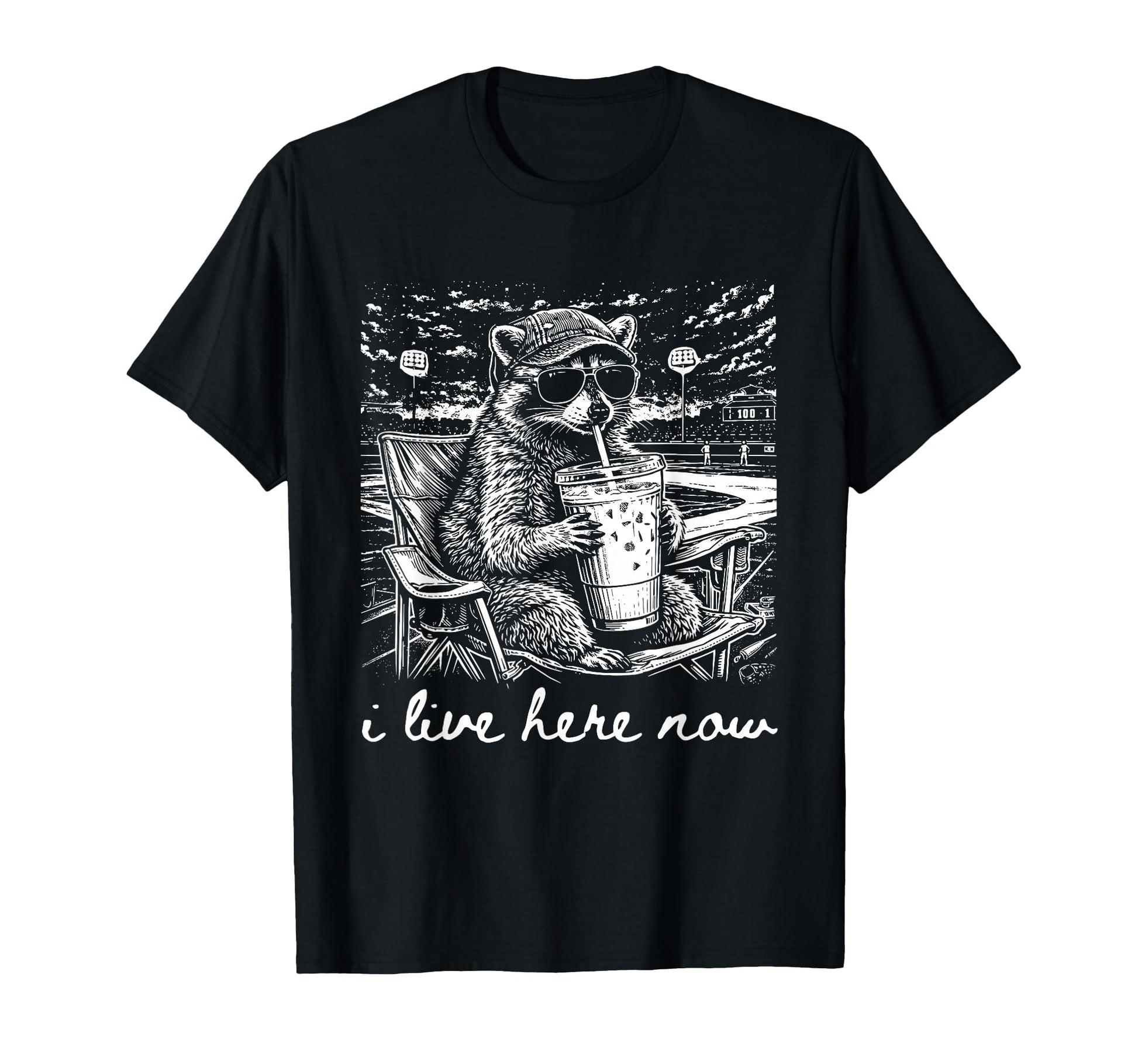 I Live Here Now Baseball Raccoon T-Shirt - Casual Everyday Wear Men Women - T-Shirt, Sweatshirt, Hoodie