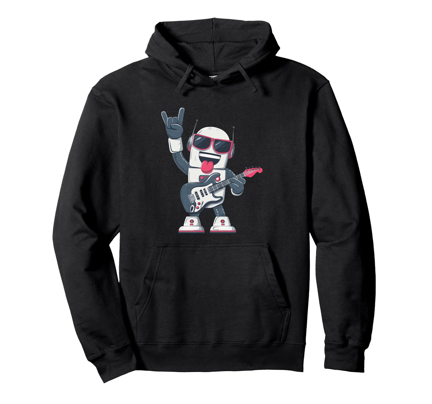Funny Cartoon Robot Playing Electric Hoodie - Aesthetic Graphic for Adults - T-Shirt, Sweatshirt, Hoodie