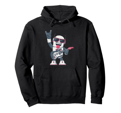 Funny Cartoon Robot Playing Electric Hoodie - Aesthetic Graphic for Adults - T-Shirt, Sweatshirt, Hoodie
