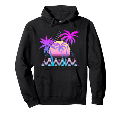 1980S 1990S Vaporwave Palm Trees Beach Hoodie - Novelty Apparel Unisex - T-Shirt, Sweatshirt, Hoodie