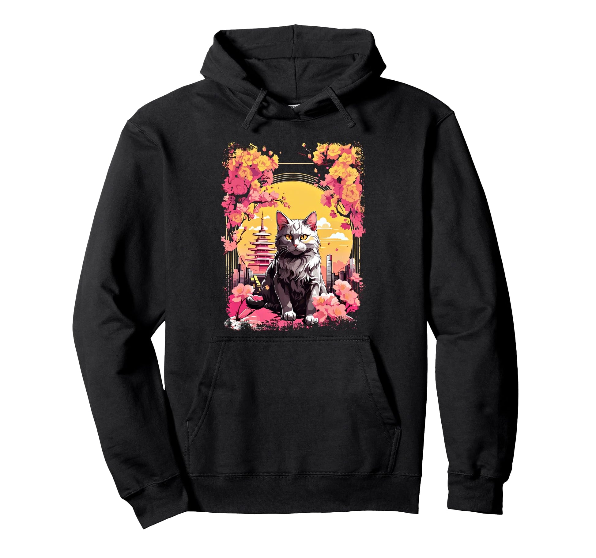 Anime Cat Japanese Vaporwave Hoodie - Minimalist Print for Adults - T-Shirt, Sweatshirt, Hoodie