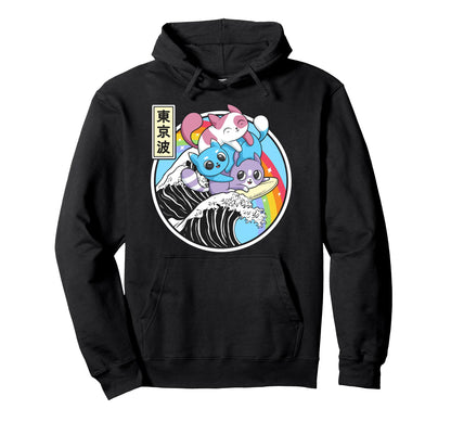 Playing Cats Surfing Kanagawa Wave Hoodie - Custom Art Print Men Women - T-Shirt, Sweatshirt, Hoodie