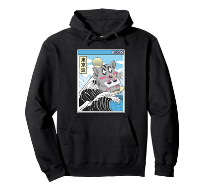 Cat Eating Sushi Surfing Kanagawa Wave Hoodie - Novelty Apparel for Adults - T-Shirt, Sweatshirt, Hoodie