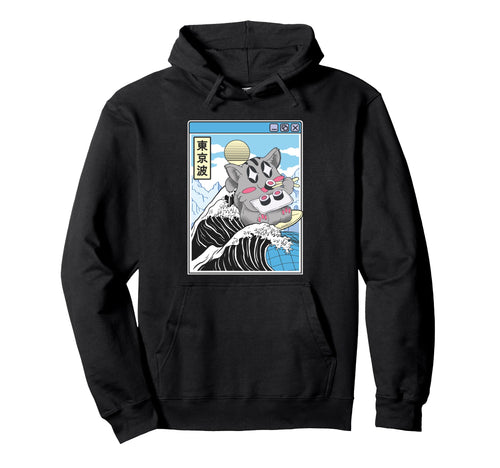 Cat Eating Sushi Surfing Kanagawa Wave Hoodie - Novelty Apparel for Adults - T-Shirt, Sweatshirt, Hoodie