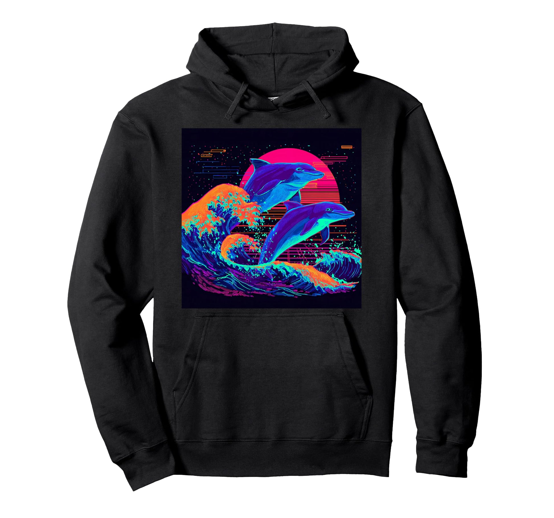 Synthwave Dolphins Ocean Wave Aesthetic Hoodie - Novelty Apparel Men Women - T-Shirt, Sweatshirt, Hoodie