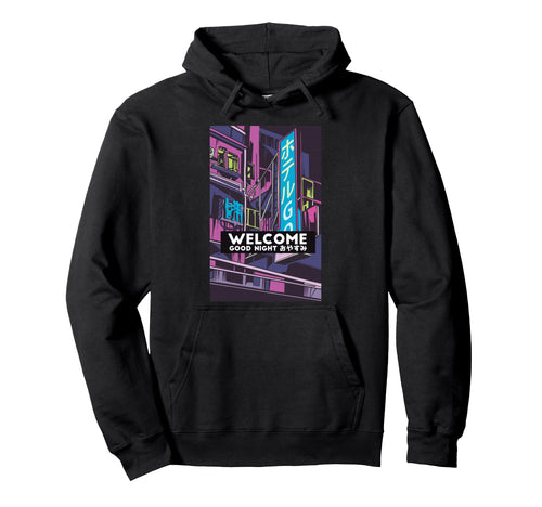Vaporwave Neo Hotel Welcome Good Night Hoodie - Minimalist Print for Adults - T-Shirt, Sweatshirt, Hoodie