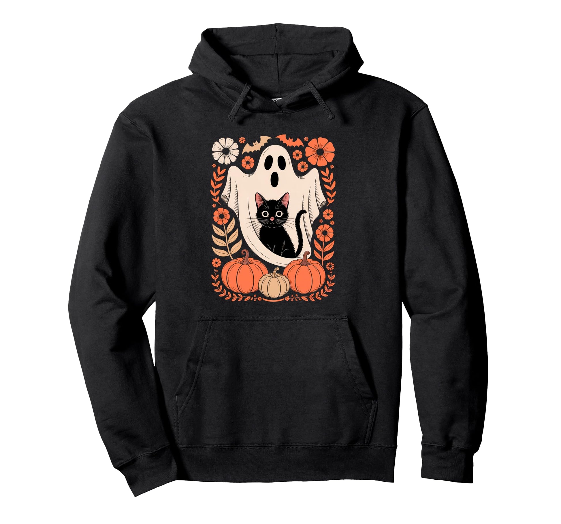 Boho Floral Spooky Ghost Holding Black Cat Hoodie - Novelty Apparel Unisex - T-Shirt, Sweatshirt, Hoodie