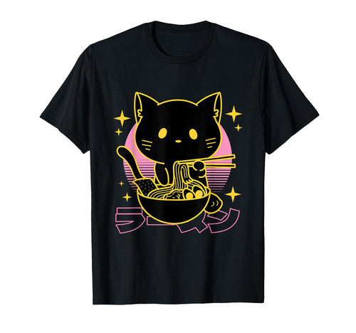 Cat Eating Ramen Noodles Japanese T-Shirt - Aesthetic Graphic for Adults - T-Shirt, Sweatshirt, Hoodie