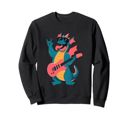Rock Dragon Funny Cartoon Guitarist Sweatshirt - Trendy Graphic Unisex - T-Shirt, Sweatshirt, Hoodie
