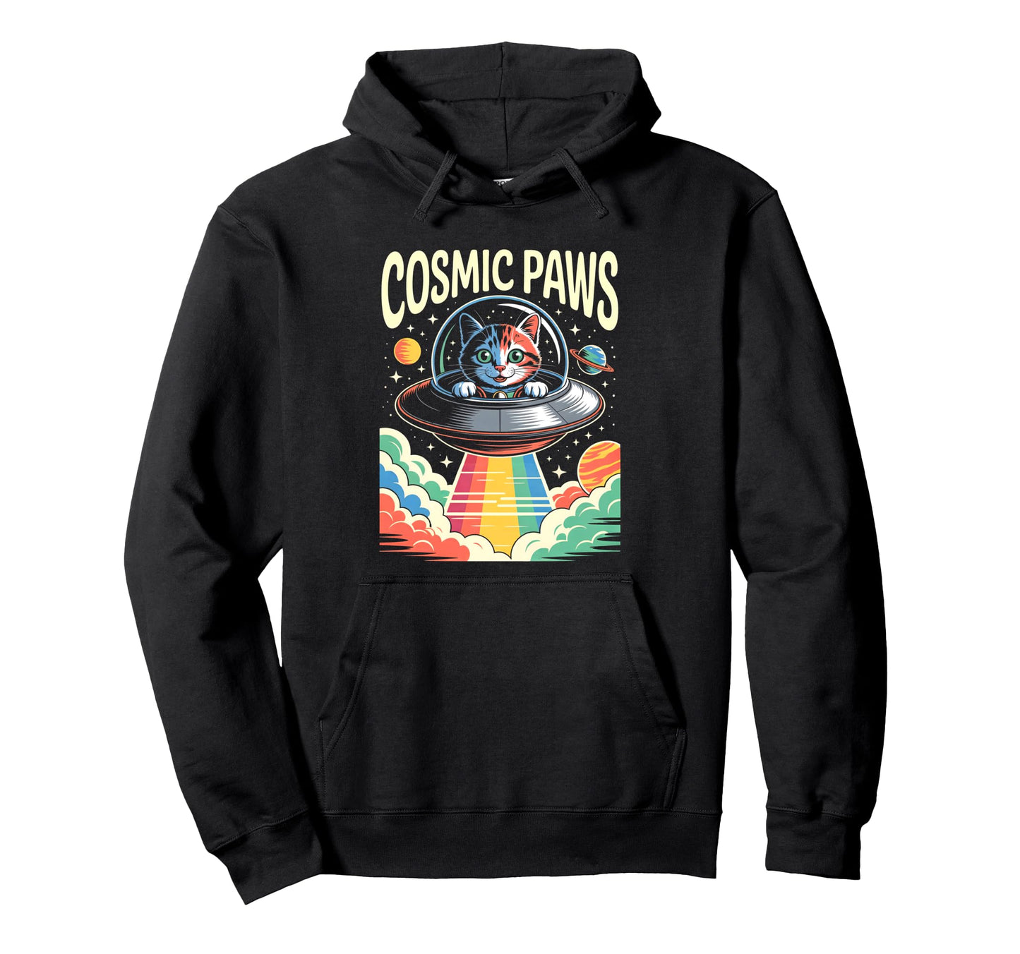 Astronaut Cat Ufo Rainbow Space Art Hoodie - Aesthetic Graphic Unisex - T-Shirt, Sweatshirt, Hoodie