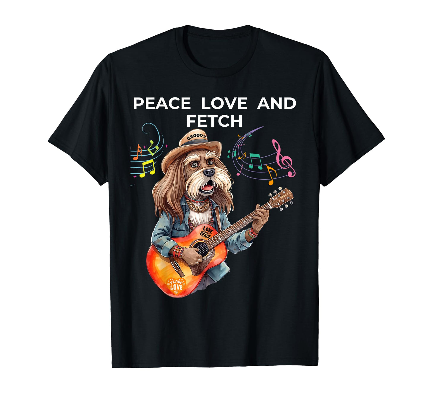 Hippie Dog Guitar Funny Peace Love And T-Shirt - Aesthetic Graphic Unisex - T-Shirt, Sweatshirt, Hoodie