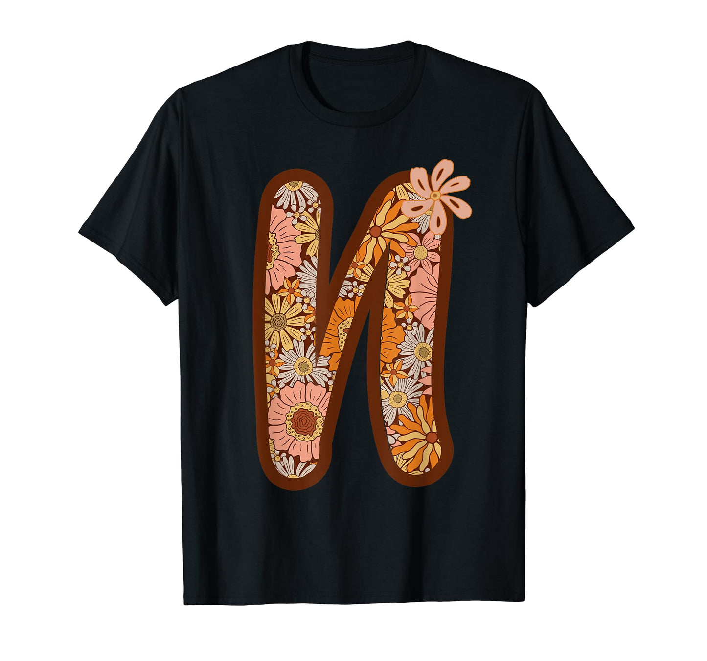 Boho Groovy Floral Letter N Initial T-Shirt - Custom Art Print Men Women - T-Shirt, Sweatshirt, Hoodie