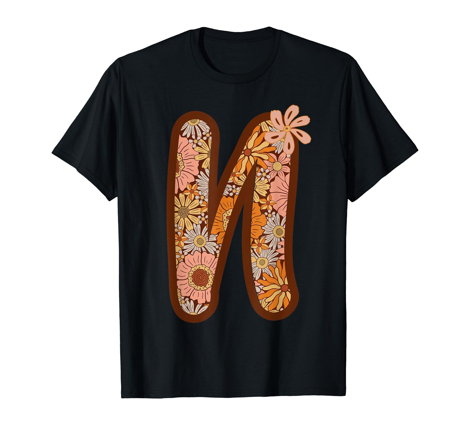 Boho Groovy Floral Letter N Initial T-Shirt - Custom Art Print Men Women - T-Shirt, Sweatshirt, Hoodie
