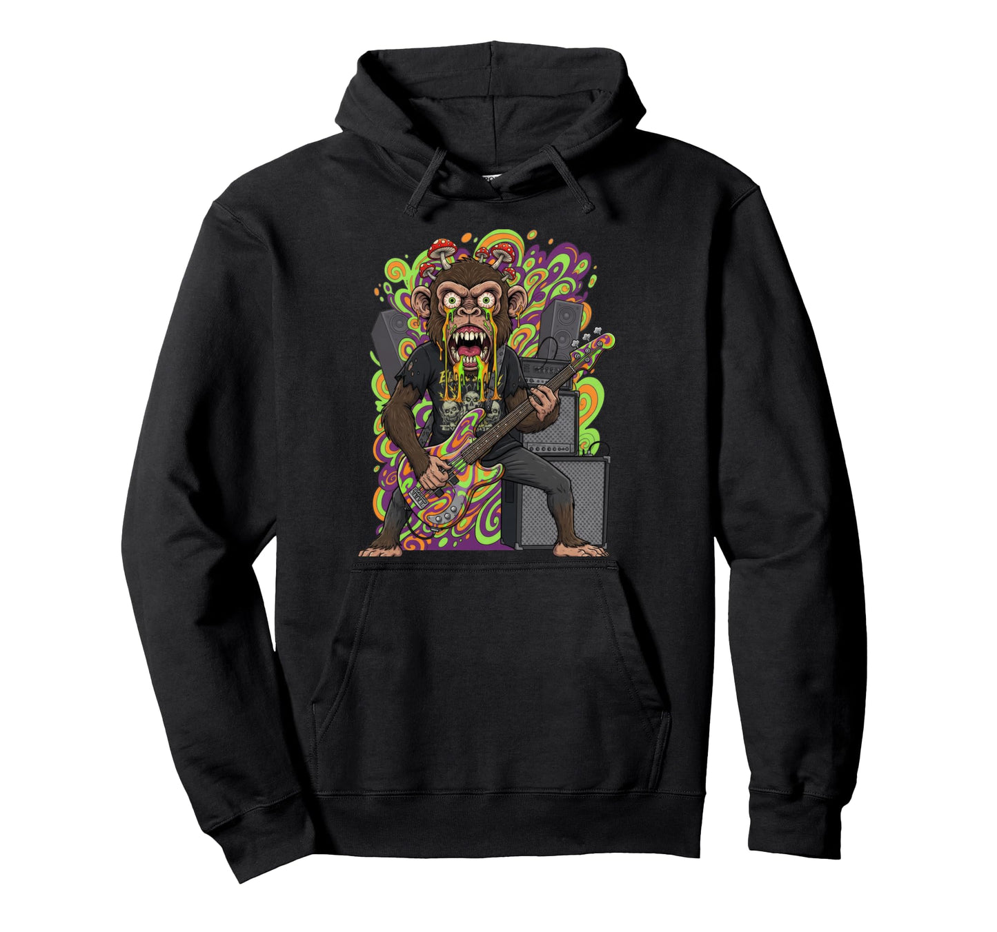 Trippy Bass Player Monkey Mushroom Hoodie - Custom Art Print for Adults - T-Shirt, Sweatshirt, Hoodie