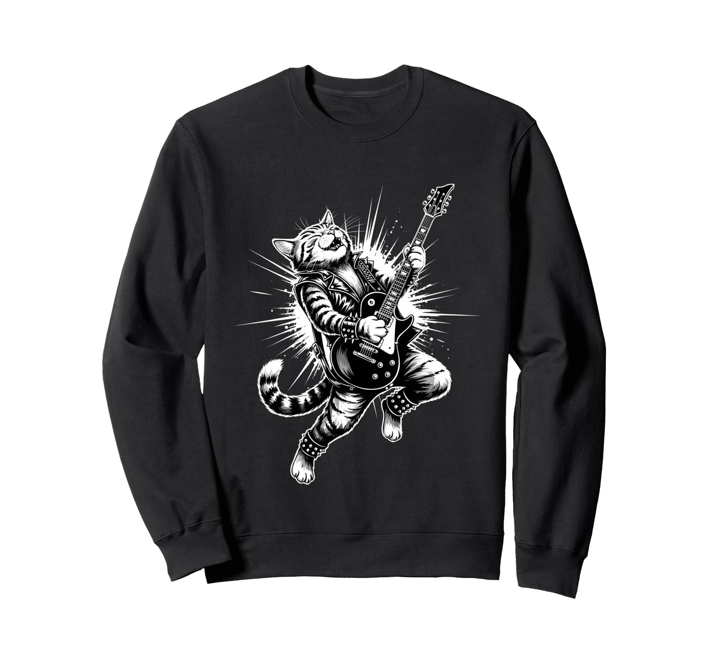 Rock Guitar Cat Playing Electric Sweatshirt - Graphic Print Men Women - T-Shirt, Sweatshirt, Hoodie