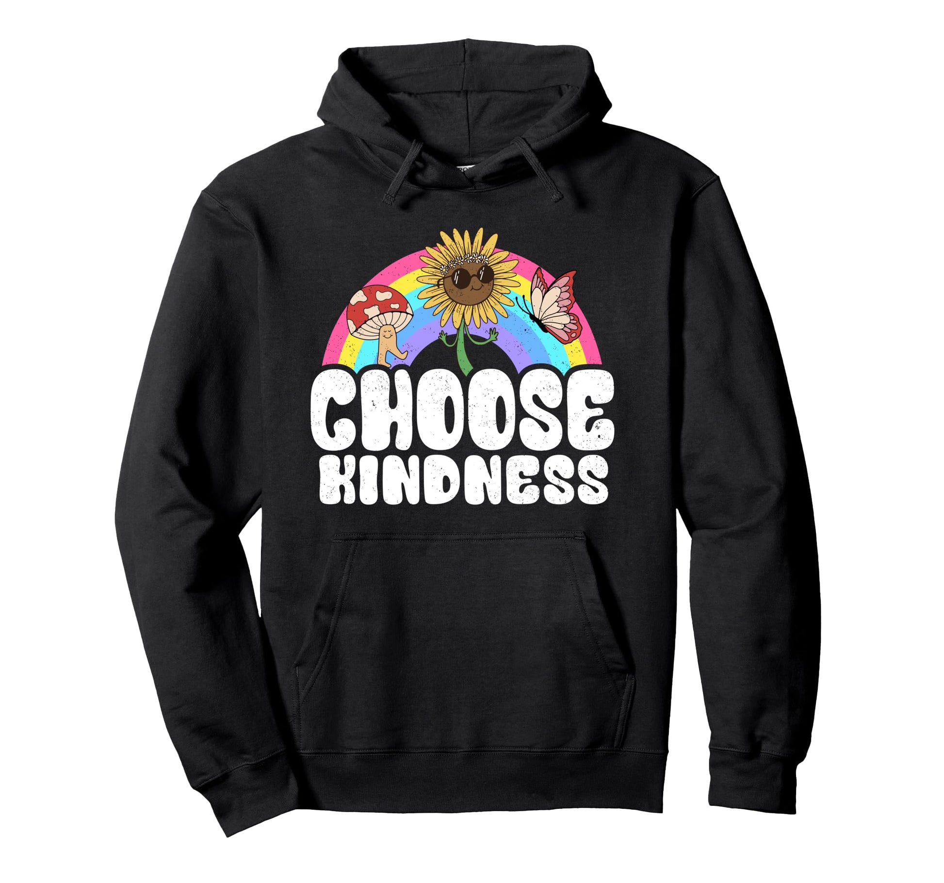 Positive Sunflower Rainbow Peace Butterfly Hoodie - Unique Graphic Unisex - T-Shirt, Sweatshirt, Hoodie