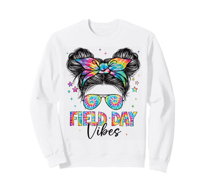 Field Day Vibes Tie Dye Messy Bun Sweatshirt - Trendy Graphic for Adults - T-Shirt, Sweatshirt, Hoodie