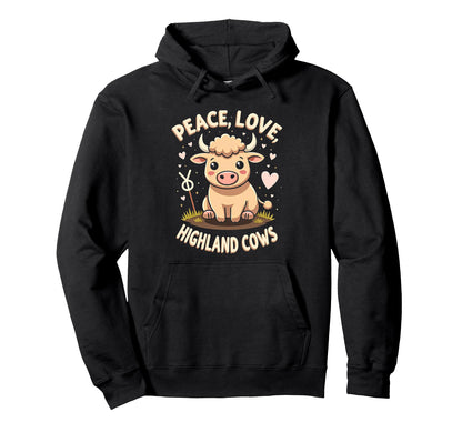 Highland Beef Cow Farmers Peace Love Hoodie - Custom Art Print for Adults - T-Shirt, Sweatshirt, Hoodie
