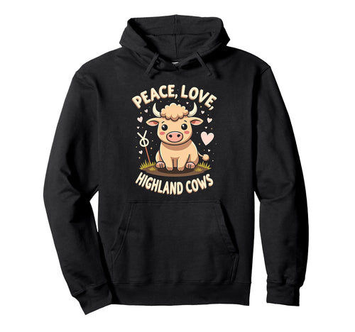 Highland Beef Cow Farmers Peace Love Hoodie - Custom Art Print for Adults - T-Shirt, Sweatshirt, Hoodie