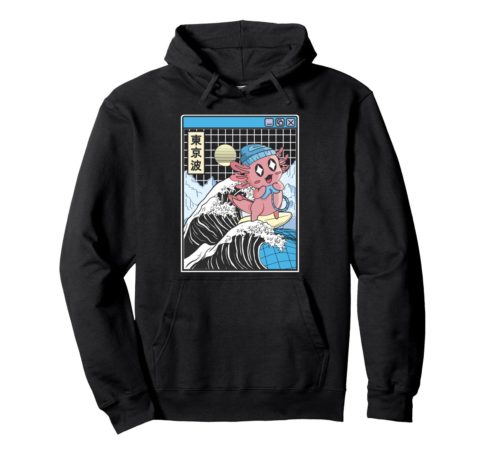 Gaming Axolotl Surfing Kanagawa Wave Hoodie - Trendy Graphic Men Women - T-Shirt, Sweatshirt, Hoodie