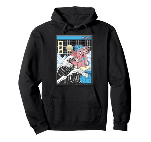 Gaming Axolotl Surfing Kanagawa Wave Hoodie - Trendy Graphic Men Women - T-Shirt, Sweatshirt, Hoodie