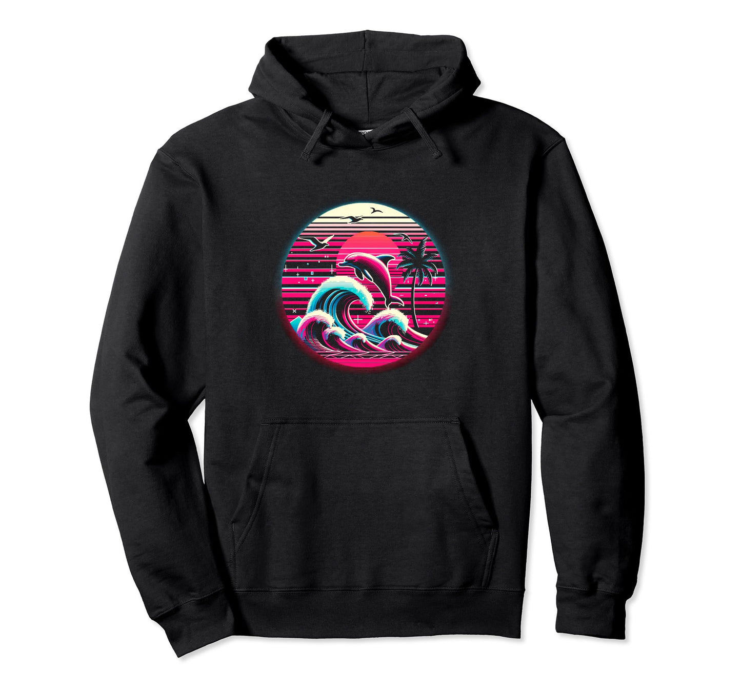 Palm Sunset Dolphin 80S 90S Vaporwave Glitch Hoodie - Graphic Print Unisex - T-Shirt, Sweatshirt, Hoodie