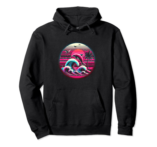 Palm Sunset Dolphin 80S 90S Vaporwave Glitch Hoodie - Graphic Print Unisex - T-Shirt, Sweatshirt, Hoodie