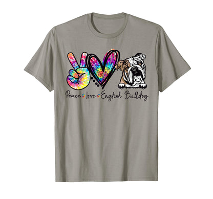 Peace Love English Bulldog Funny Tie T-Shirt - Novelty Apparel for Adults - T-Shirt, Sweatshirt, Hoodie
