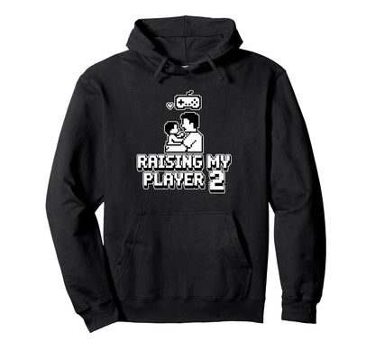 Raising My Player 2 Funny Gaming Dad Hoodie - Minimalist Print Unisex - T-Shirt, Sweatshirt, Hoodie