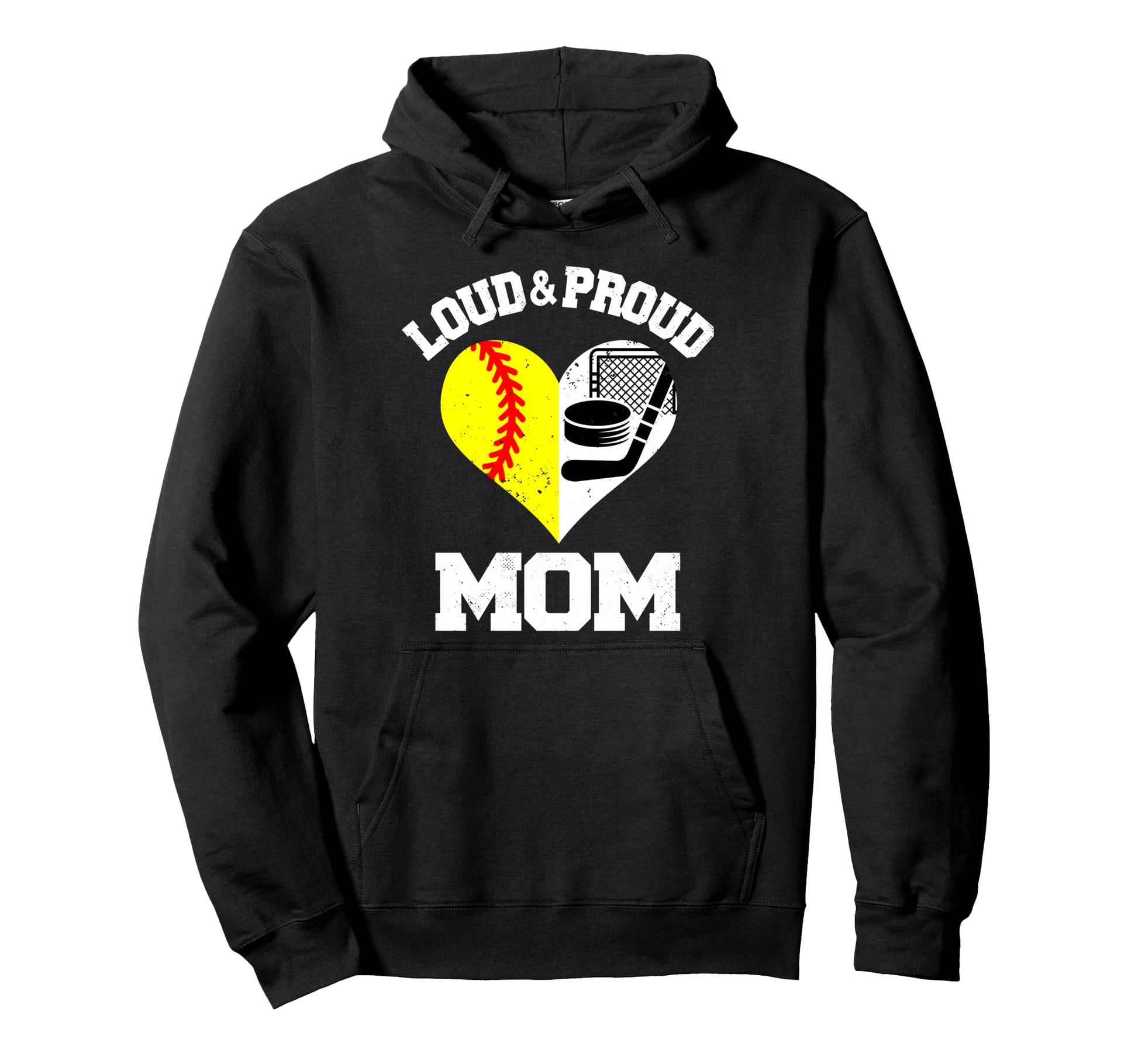 Loud Proud Mom Softball Hockey Heart Hoodie - Aesthetic Graphic Unisex - T-Shirt, Sweatshirt, Hoodie