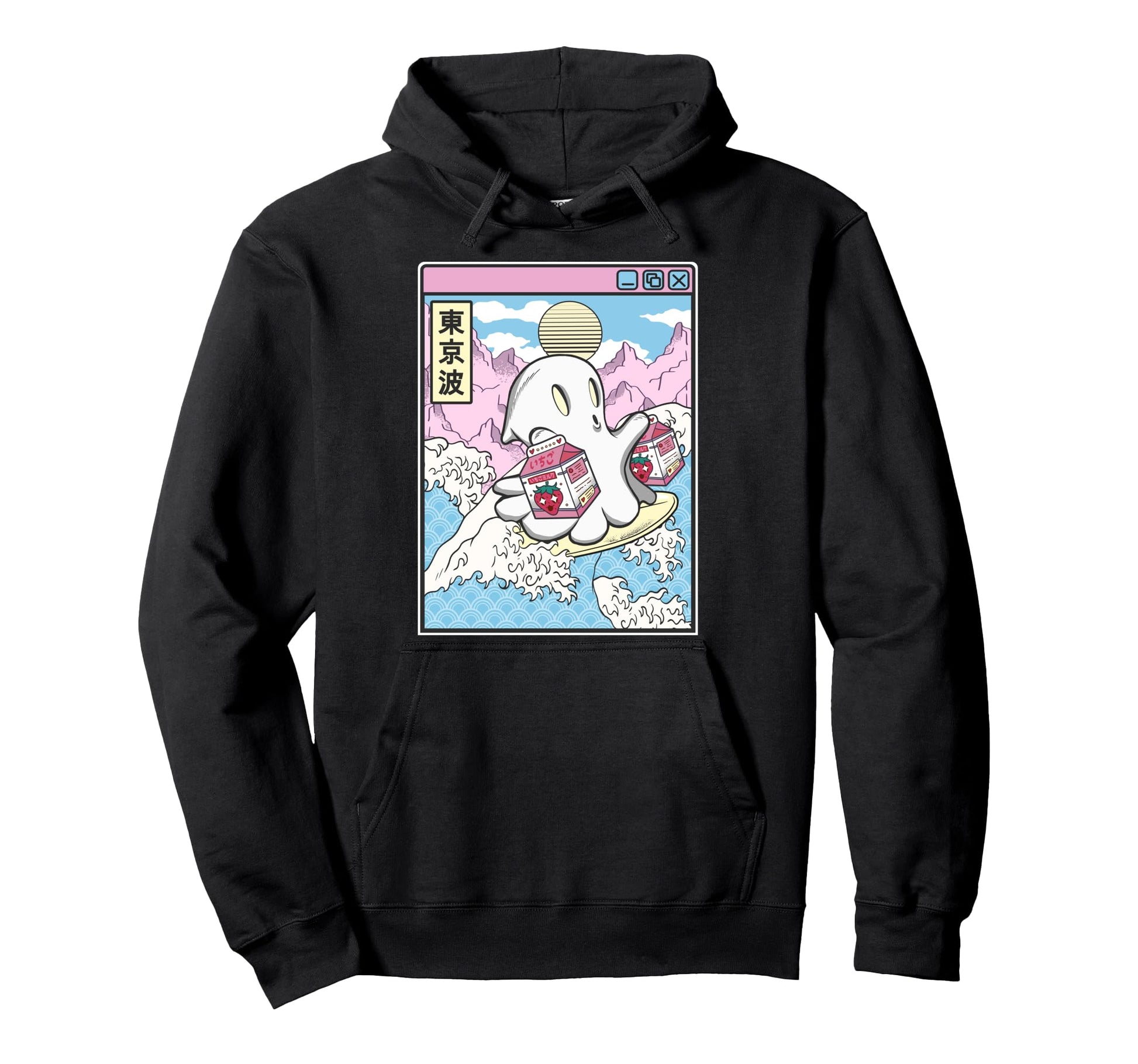 Surfing Ghost Strawberry Milk Japanese Hoodie - Aesthetic Graphic Unisex - T-Shirt, Sweatshirt, Hoodie