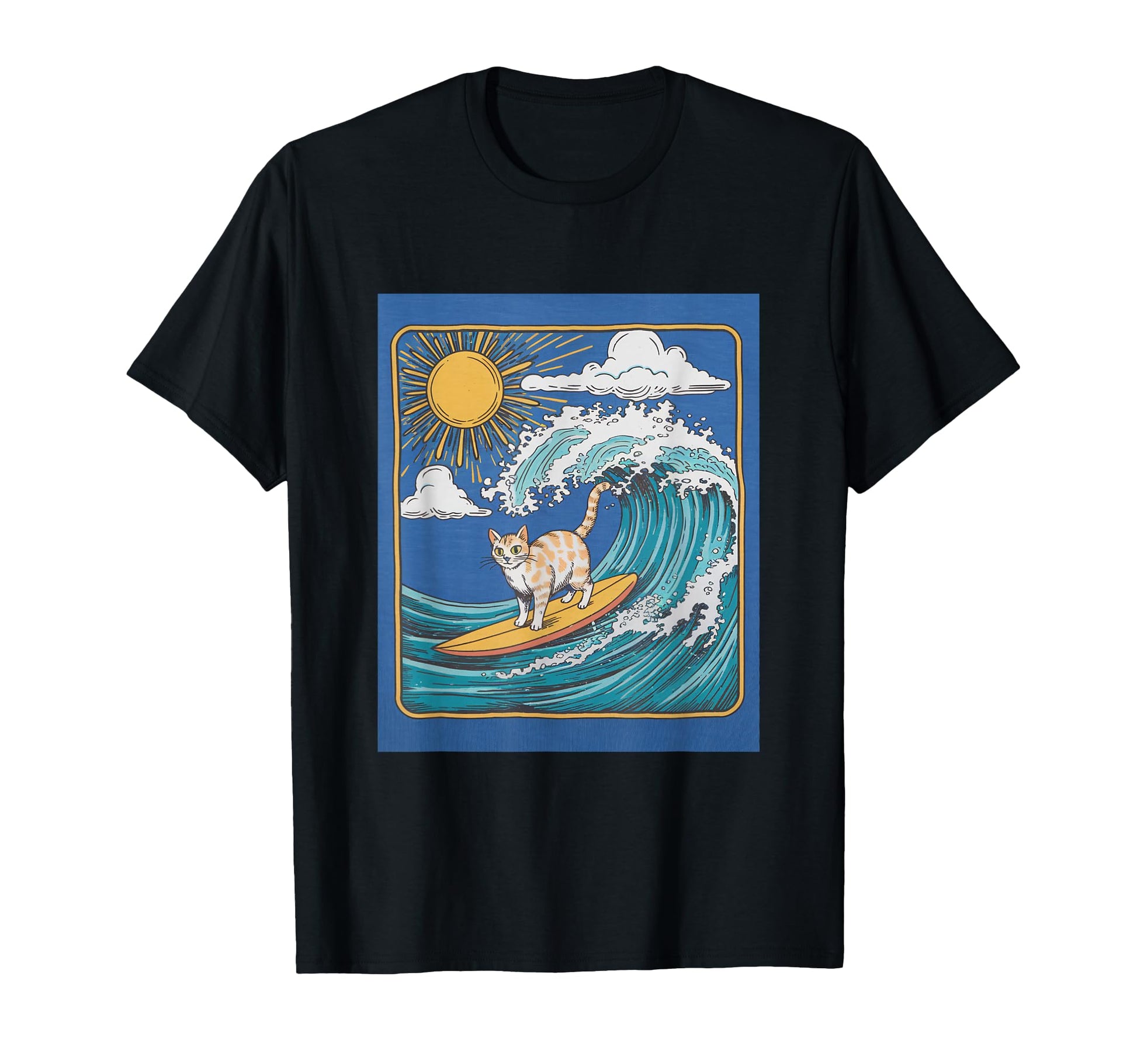Surfing Cat Riding Ocean Wave Under T-Shirt - Aesthetic Graphic for Adults - T-Shirt, Sweatshirt, Hoodie