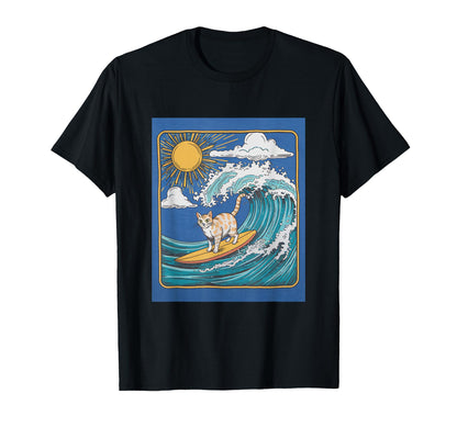 Surfing Cat Riding Ocean Wave Under T-Shirt - Aesthetic Graphic for Adults - T-Shirt, Sweatshirt, Hoodie