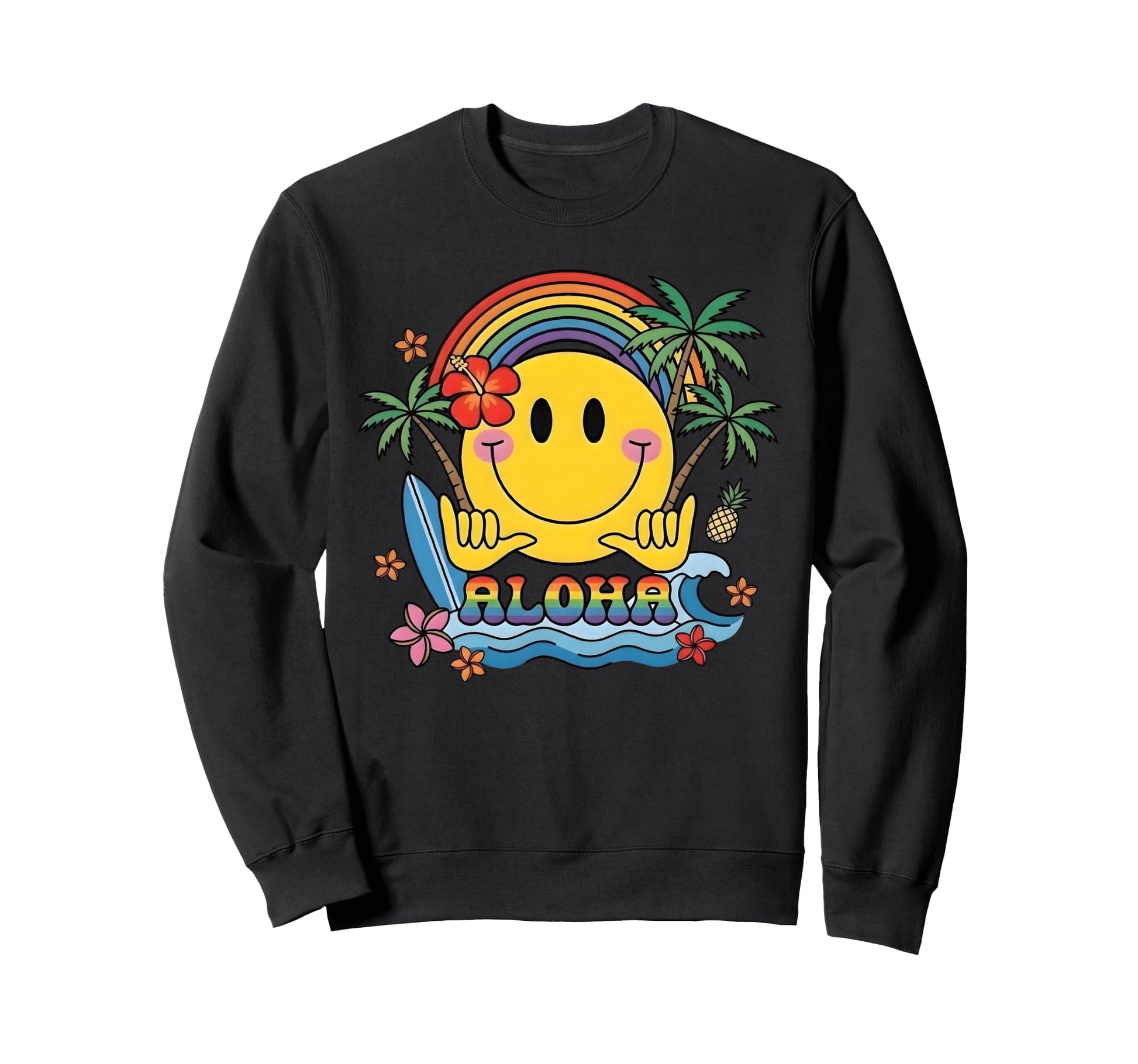 Aloha Happy Face Shaka Rainbow Sweatshirt - Minimalist Print Unisex - T-Shirt, Sweatshirt, Hoodie
