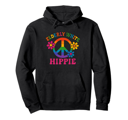 Elderly White Hippie Rainbow Peace Hoodie - Aesthetic Graphic Men Women - T-Shirt, Sweatshirt, Hoodie