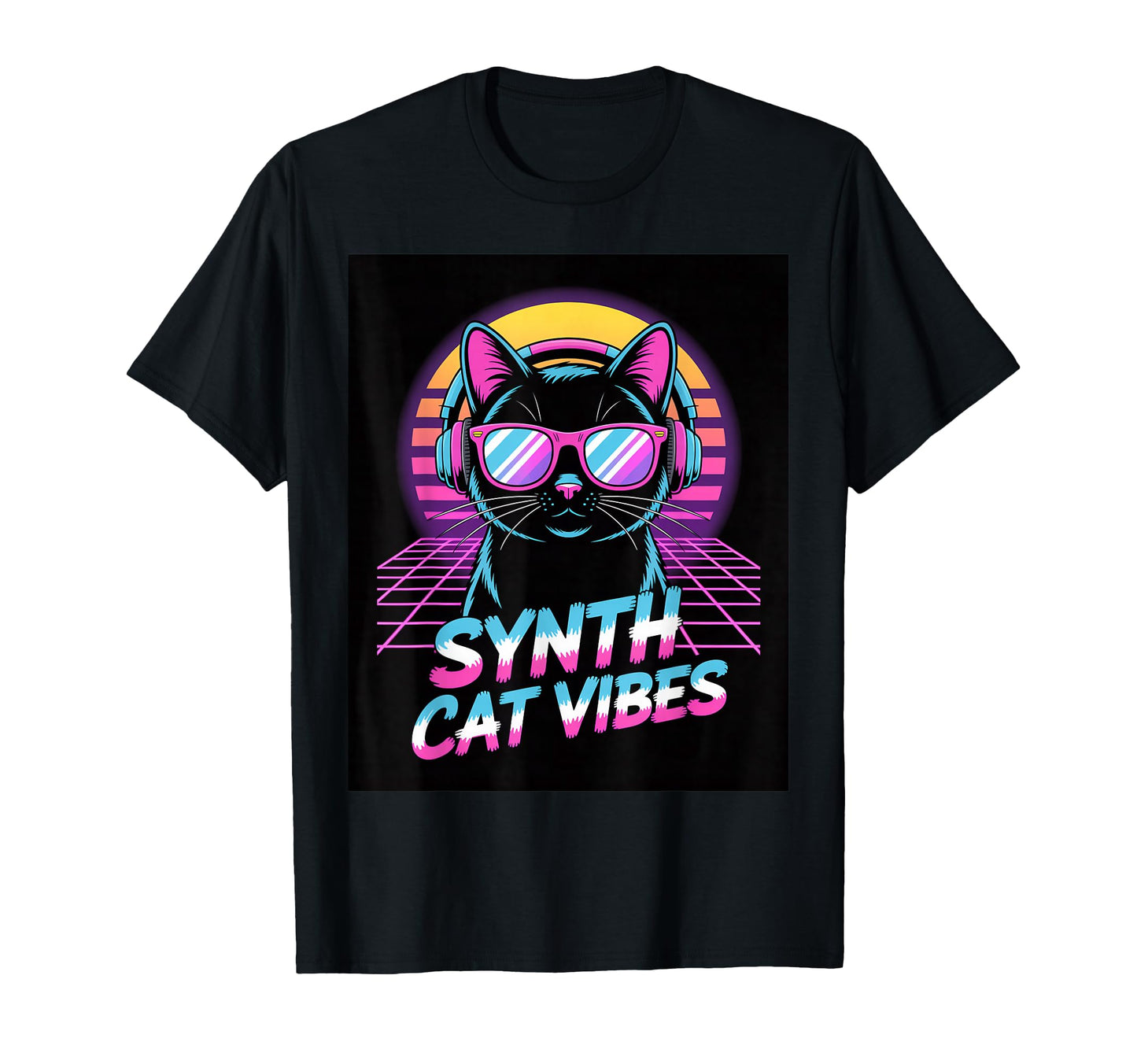 Synth Cat Vibes 80S Synthwave T-Shirt - Casual Everyday Wear for Adults - T-Shirt, Sweatshirt, Hoodie