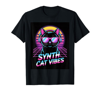 Synth Cat Vibes 80S Synthwave T-Shirt - Casual Everyday Wear for Adults - T-Shirt, Sweatshirt, Hoodie
