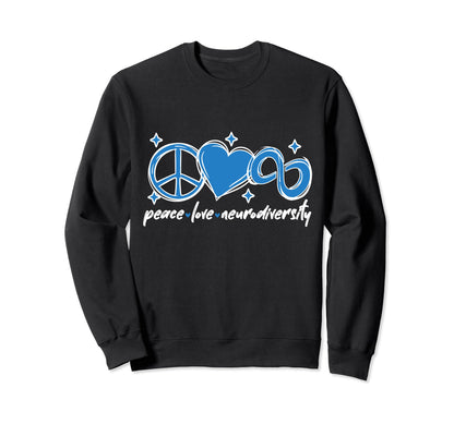 Autism Peace Love Neurodiversity Blue Sweatshirt - Graphic Print for Adults - T-Shirt, Sweatshirt, Hoodie