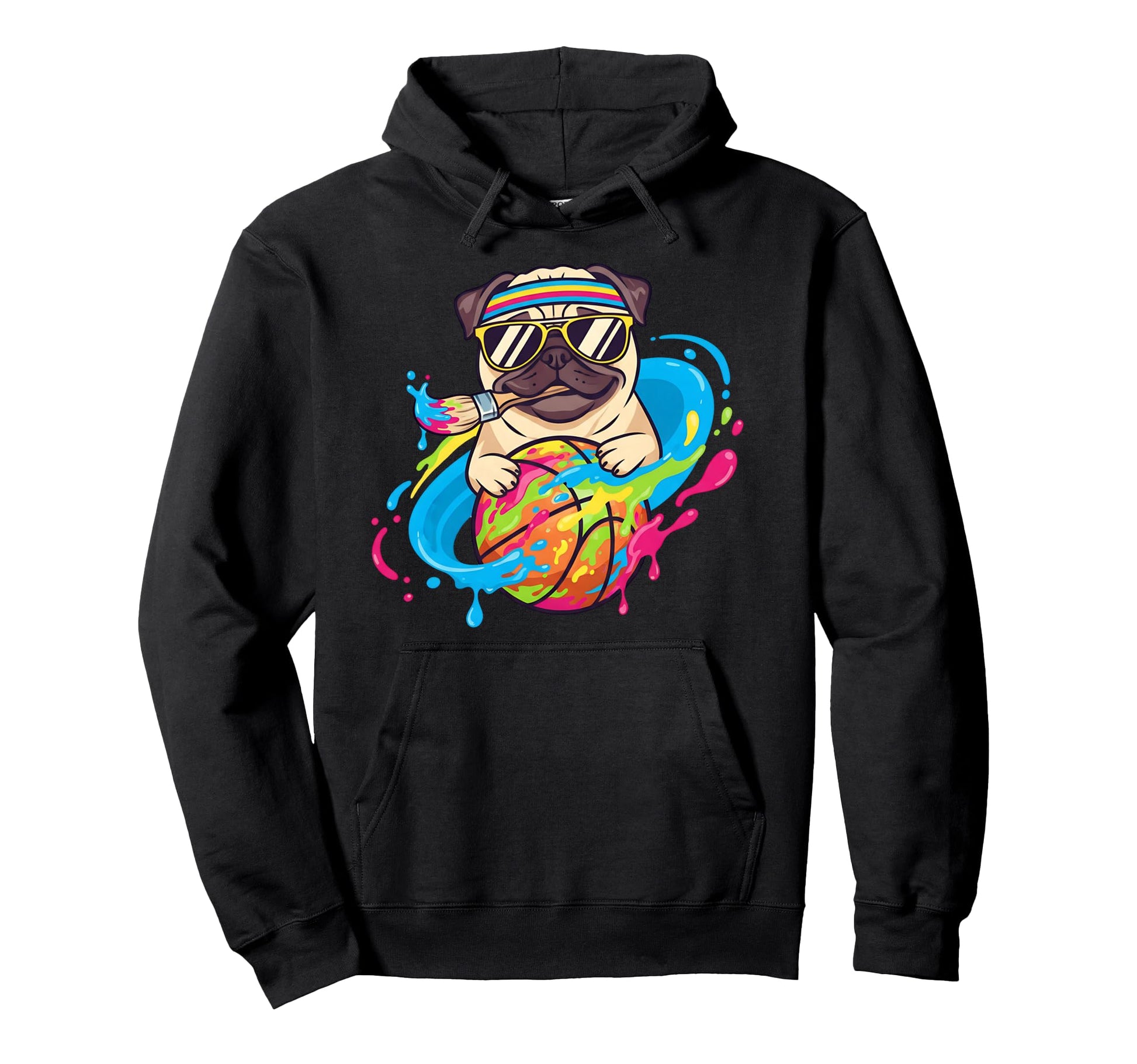 Pug Basketball Color Splash Headband Hoodie - Novelty Apparel Men Women - T-Shirt, Sweatshirt, Hoodie