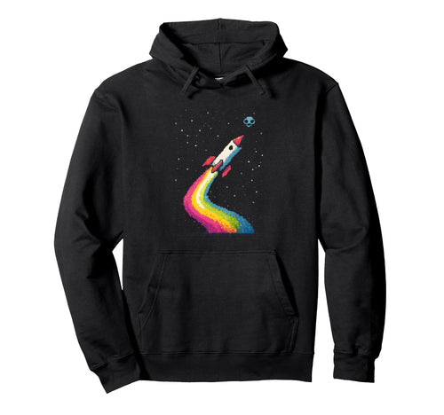 Rainbow Pixel Art Rocket Launch 8 Bit Hoodie - Graphic Print Men Women - T-Shirt, Sweatshirt, Hoodie
