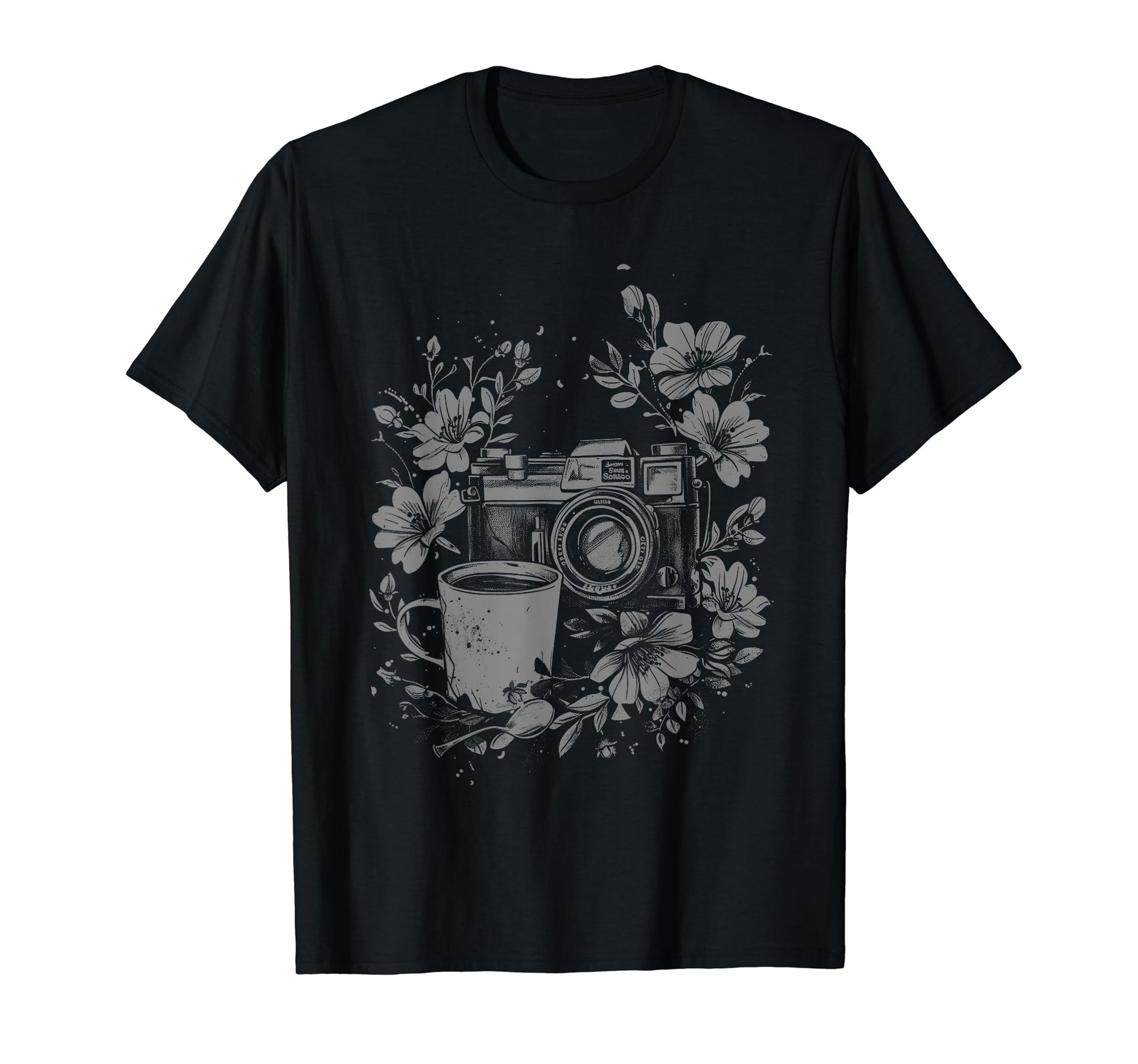 Photographer Coffee Camera Flowers T-Shirt - Fun Novelty Design Men Women - T-Shirt, Sweatshirt, Hoodie