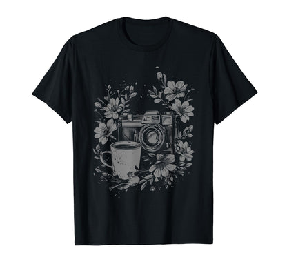 Photographer Coffee Camera Flowers T-Shirt - Fun Novelty Design Men Women - T-Shirt, Sweatshirt, Hoodie