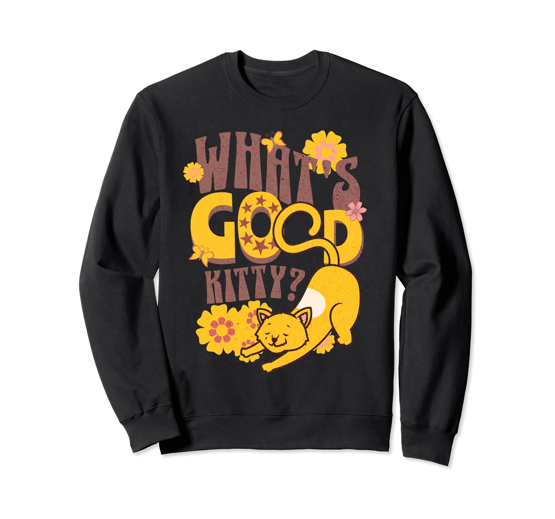 1960S Hippy Cat Boho Floral Sweatshirt - Novelty Apparel for Adults - T-Shirt, Sweatshirt, Hoodie