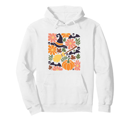 Halloween Boho Floral Witch Broom And Hoodie - Minimalist Print for Adults - T-Shirt, Sweatshirt, Hoodie