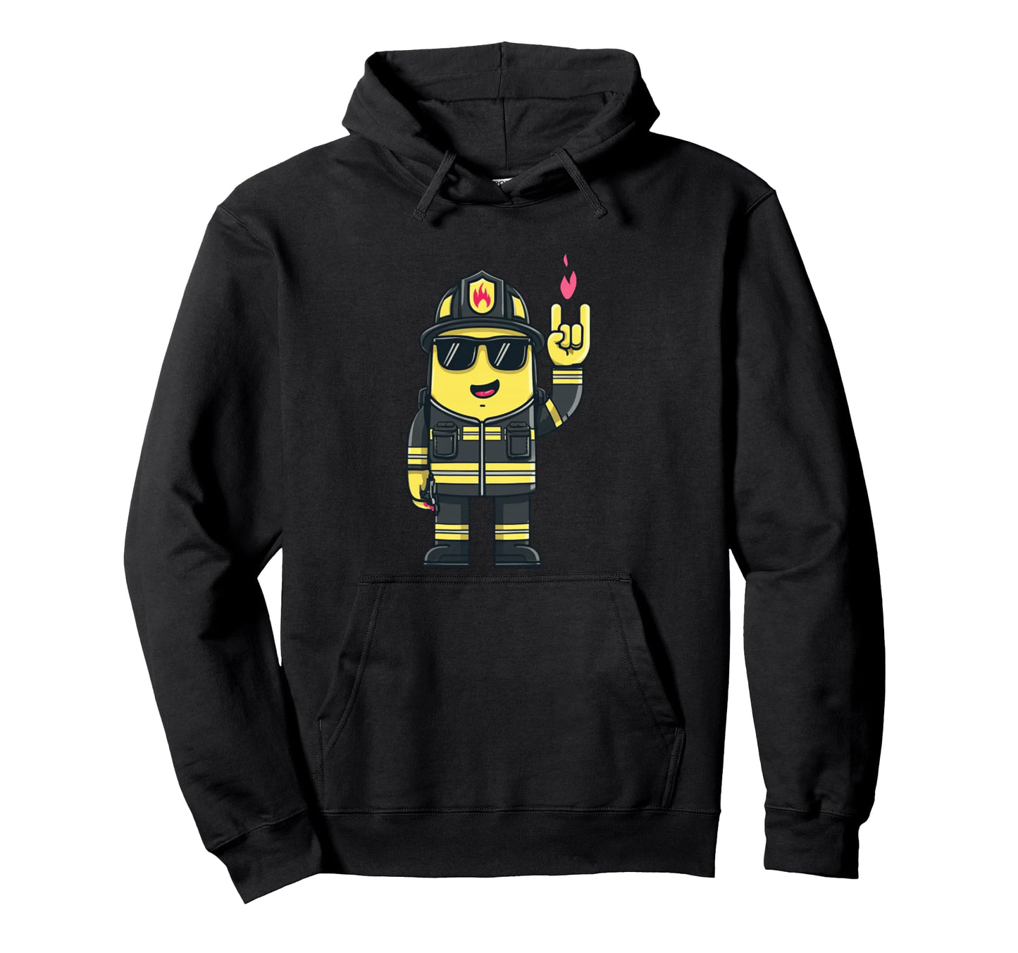 Firefighter Mascot Rock Hand Sign Hoodie - Fun Novelty Design Men Women - T-Shirt, Sweatshirt, Hoodie